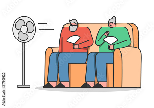 Concept Of Summer Hot Period Of Time. Sweltering In Heat Aged People Sitting On Sofa Use Fans To Get A Little Bit Cool Of Heat In Hot Summer Day. Cartoon Linear Outline Flat Style Vector Illustration