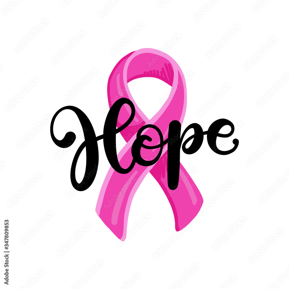 Vector illustration of pink ribbon with word Hope. October is Breast cancer awareness month. Vector illustration of pink ribbon with word Hope. October is Breast cancer awareness month.