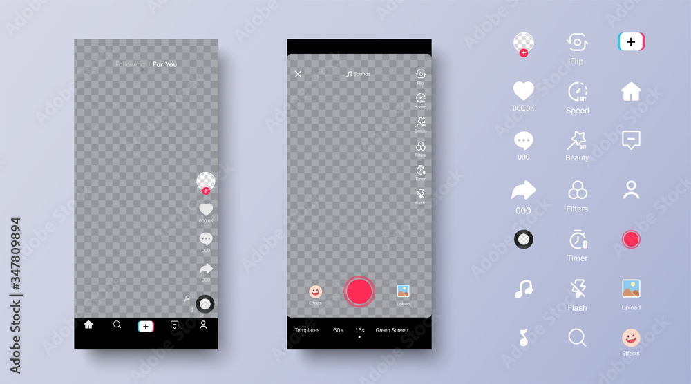TikTok is app to create and share videos. Tik Tok Screen interface and