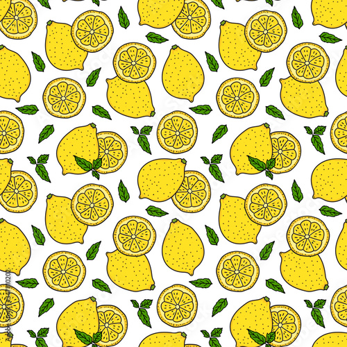 Lemon and a round slice with mint leaves. Seamless pattern texture. Vector hand drawn illustration. Surface yellow color design isolated on white background.