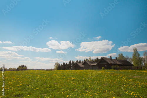 Pleasant sunny summer landscape: old blue sky and clouds, green grass, yellow dandelion flowers on a meadow and old historical country building . A happy idyllic scenery view background. Warm weather
