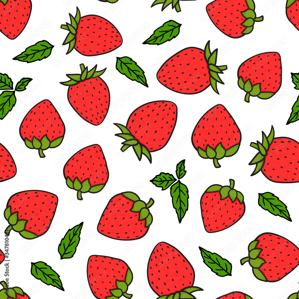 Strawberries hand-drawing seamless pattern. Vector endless design with ripe red cartoon style berries. Fresh summer tasty abstract background Strawberries hand-drawing seamless pattern. Vector endless design with ripe red cartoon style berries. Fresh summer tasty abstract background