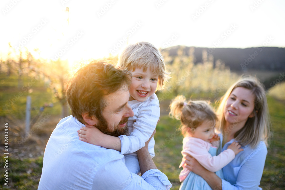 Family with two small children standing outdoors in orchard in spring. Family with two small children standing outdoors in orchard in spring.