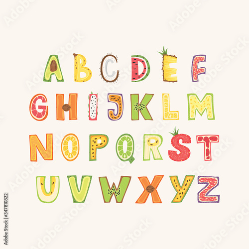 Fruit alphabet - lettering design. Capital typography set in Scandinavian style. Vector illustration.