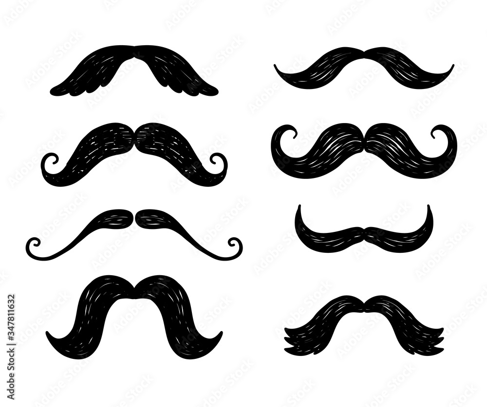 Hand drawn doodle vector moustache icons set, photo booth props Hand drawn doodle vector moustache icons set, photo booth props