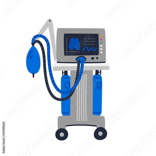 Ventilator Medical Machine. Ventilator machine used to assist breathing.. Medical care and fight against covid-19. Flat style vector illustration on white background.