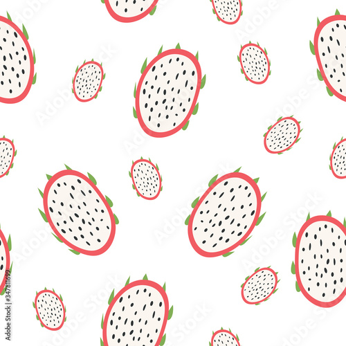 Seamless pattern with pieces of dragon fruit. Vector illustration.