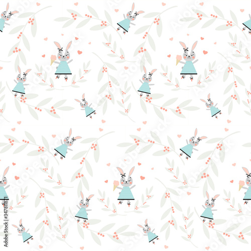 Seamless white pattern with a Bunny girl in a blue dress and twigs