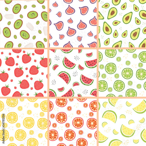 Collection of seamless pattern designs with pieces of fruits. Vector illustration.