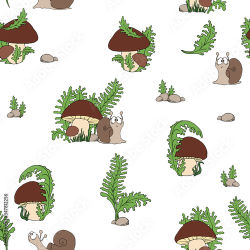 Wallpaper Mural Рattern mushroom edible porcini and surprised snail sketch black outline different elements isolated on white background Torontodigital.ca