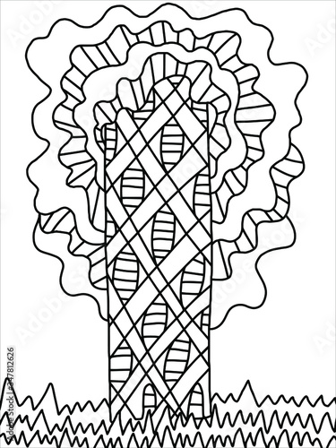 Unusual tree coloring book page. Decorative platan tree with holes. Zentangle coloring for kids and adults. Spring and summer garden plant and grass. Stylized sycamore stock vector illustration. 