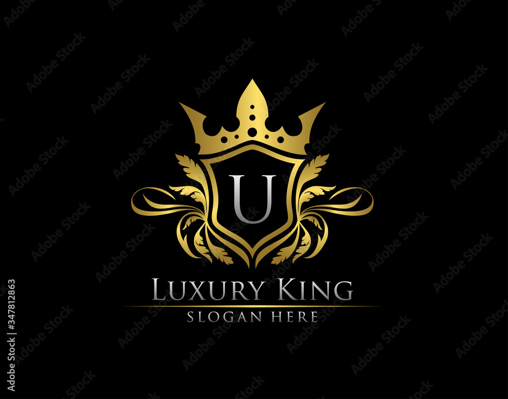 Luxury Royal King U Letter, Heraldic Gold Logo template.