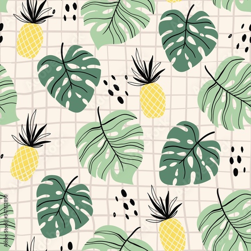 Abstract tropical seamless pattern with palm leaf and pineapple, modern design