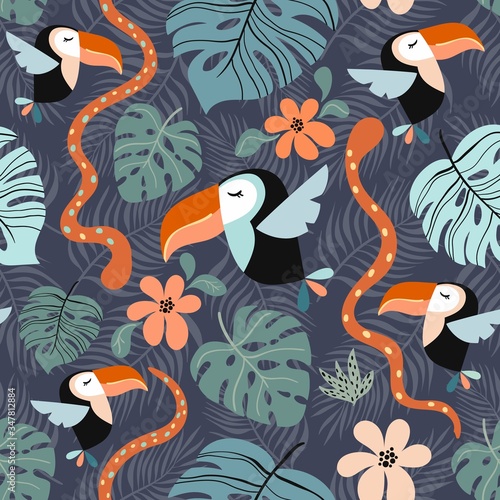 Tropical seamless pattern with exotic design, colorful toucan and palm leaf
