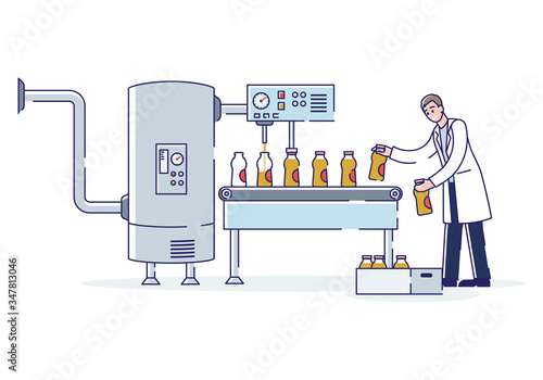Worker Working At Juices Production Factory. Man Controls Work Of Juice Filling Process On Conveyor Belt, Putting Full Bottles With Juice In Box. Cartoon Linear Outline Flat Style Vector Illustration