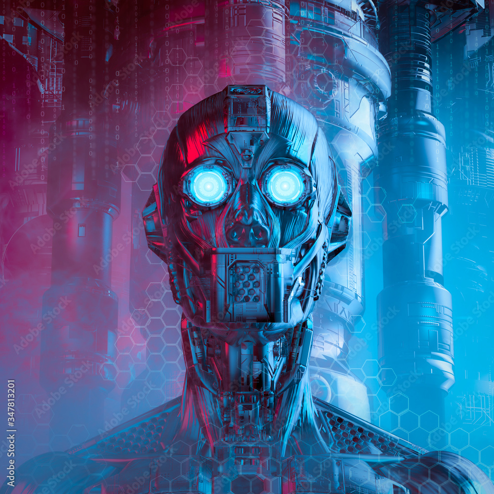 Altered steel vision / 3D illustration of science fiction humanoid robot  with glowing eyes on technology background Stock Illustration | Adobe Stock