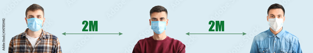 Men in protective masks on color background. Concept of epidemic Men in protective masks on color background. Concept of epidemic