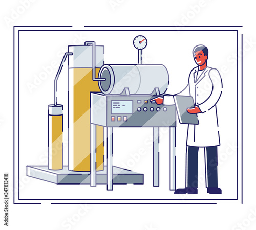 Concept Of Pharmaceutics And Medicine Production. Young Cheerful Scientist Controls Process Of Medicine Production With Professional Equipment In Lab. Cartoon Linear Outline Flat Vector Illustration