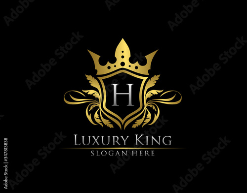 Luxury Royal King H Letter  Heraldic Gold Logo template.