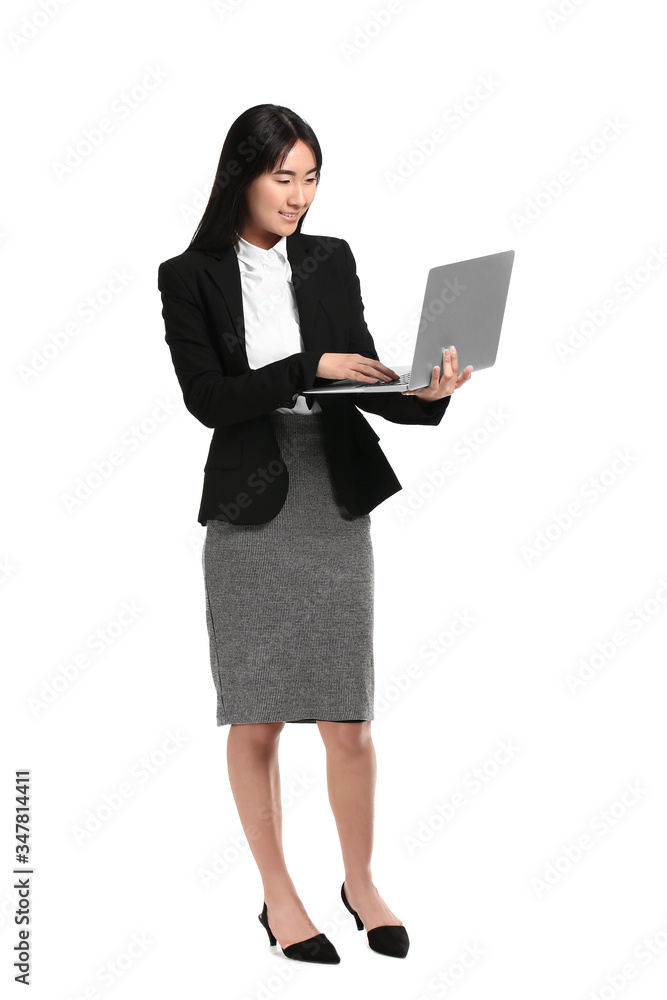 Beautiful Asian secretary with laptop on white background Beautiful Asian secretary with laptop on white background