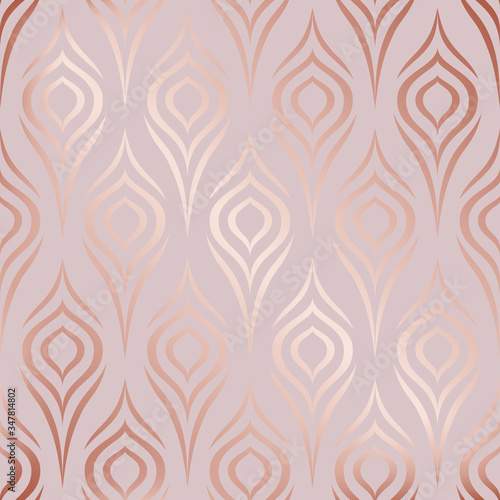 Rose gold. Vector seamless pattern. Peacock feather. Roses golden stylish floral texture. Abstract marble geometric background. Flowers design for prints. Stylized ditzy ornament. Elegant bird plumage