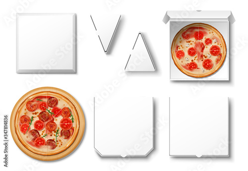 Realistic blank white pizza cardboard box mockup isolated. Empty and with pizza slice box template for your design. Package paper cardboard set, top view. vector illustration