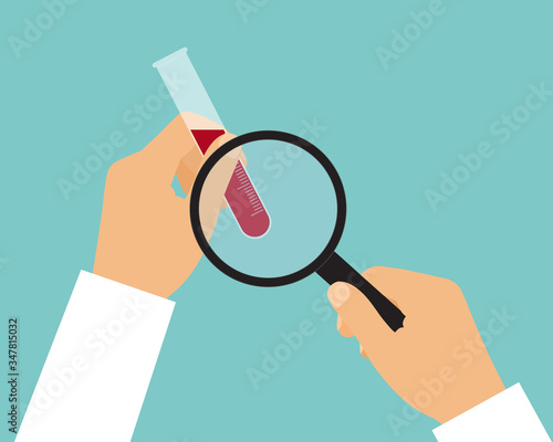 Flat design drawing illustration of doctor's hand in white coat. He holds a test tube with blood and analyzes with a magnifying glass, vector