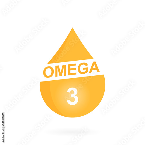 Omega 3 fatty acid. Gold, fish oil drop. Nutrition skin care. Drop of polyunsaturated fatty acid. Vector illustration