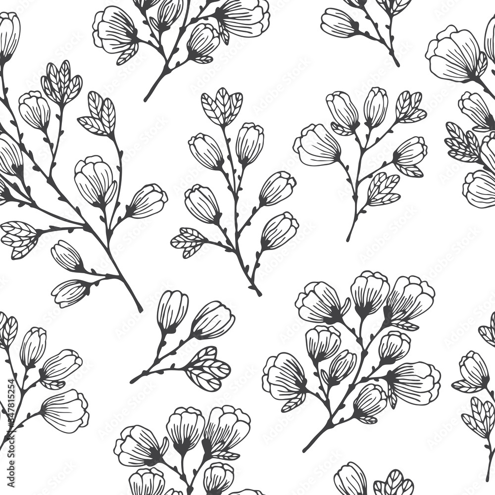 Seamless pattern with hand drawn blooming tree branches on a white background. Doodle, simple outline illustration. It can be used for decoration of textile, paper and other surfaces. Seamless pattern with hand drawn blooming tree branches on a white background. Doodle, simple outline illustration. It can be used for decoration of textile, paper and other surfaces.