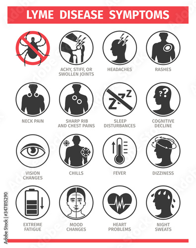 Lyme disease. symptoms and signs. Stop ticks sign. Prohibitory symbol. The consequence of a tick bite. Template for use in medical agitation. Vector flat icons.