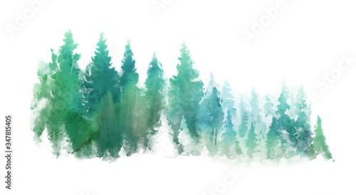 Watercolor Green landscape of foggy forest hill. Wild nature, frozen, misty, taiga. Evergreen coniferous trees. Horizontal watercolor background. © Leyasw