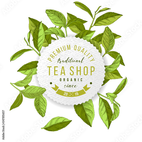 Tea shop emblem with hand drawn tea leaves