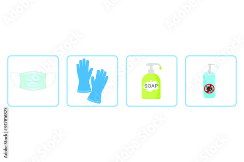 Badges of personal protective equipment - medical mask, latex gloves, soap, antiseptic. Coronavirus, covid 19 prophylactic items. Vector illustration