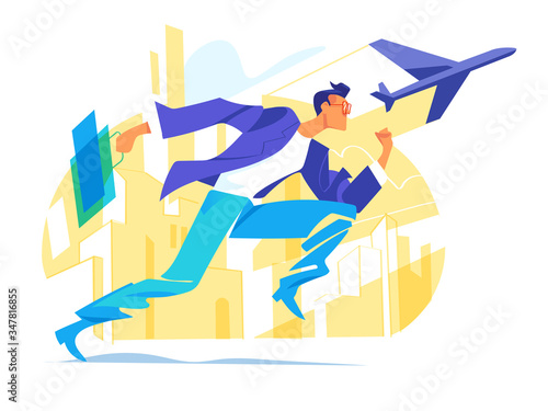 Il personaggio di un giovane ragazzo moderno e creativo che corre verso il suo obbiettivo in città