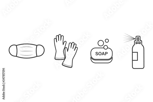 Badges of personal protective equipment - medical mask, latex gloves, soap, antiseptic. Coronavirus, covid 19 prophylactic items. Lines and polygonal symbols. 