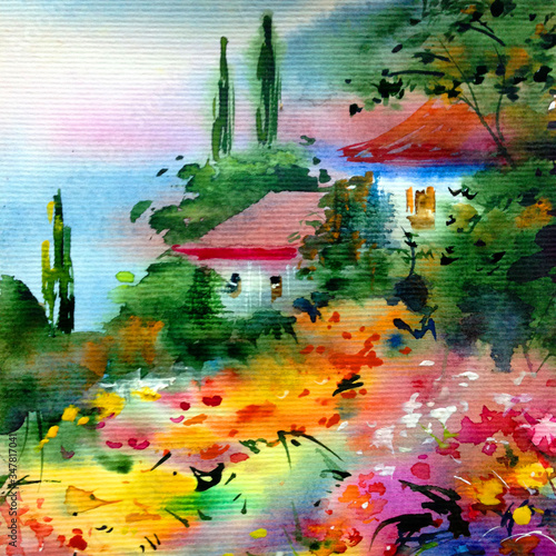 Watercolor colorful bright textured abstract background handmade . Mediterranean landscape . Painting of architecture and vegetation of the park , made in the technique of watercolors from nature photo