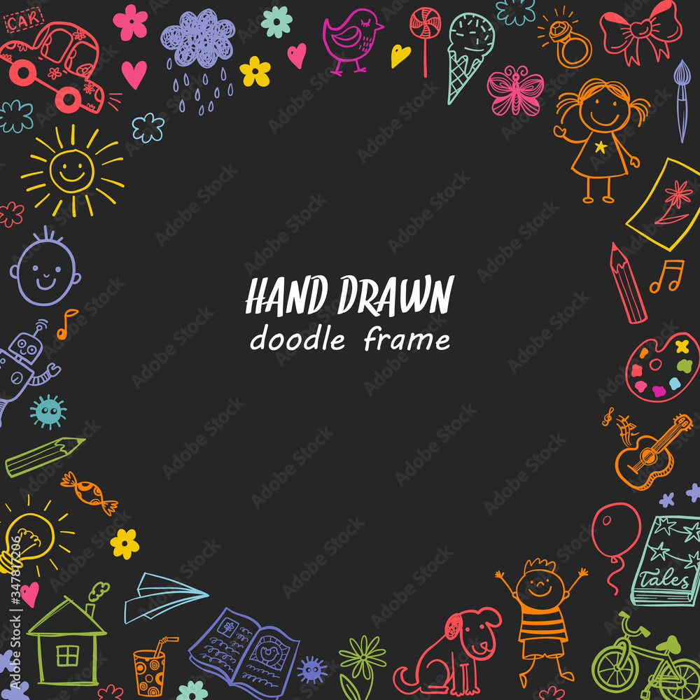 Hand drawn doodle children drawing round frame on a blackboard background