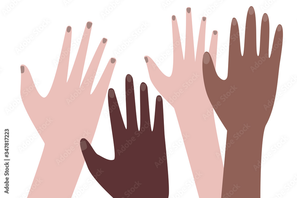 Hands of african, european, asian and arab people isolated on white background, flat vector stock illustration with multicultural hands