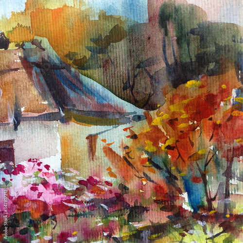 Watercolor colorful bright textured abstract background handmade . Mediterranean landscape . Painting of architecture and vegetation of the park , made in the technique of watercolors from nature