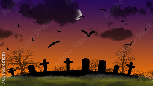 A illustration of a derelict cemetery in silhouette against an orange sky with black clouds covering the moon and bats flying in all directions