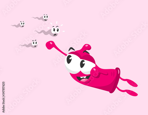 Funny super condom mascot protects against sperm. Flat design style isolated on light background.