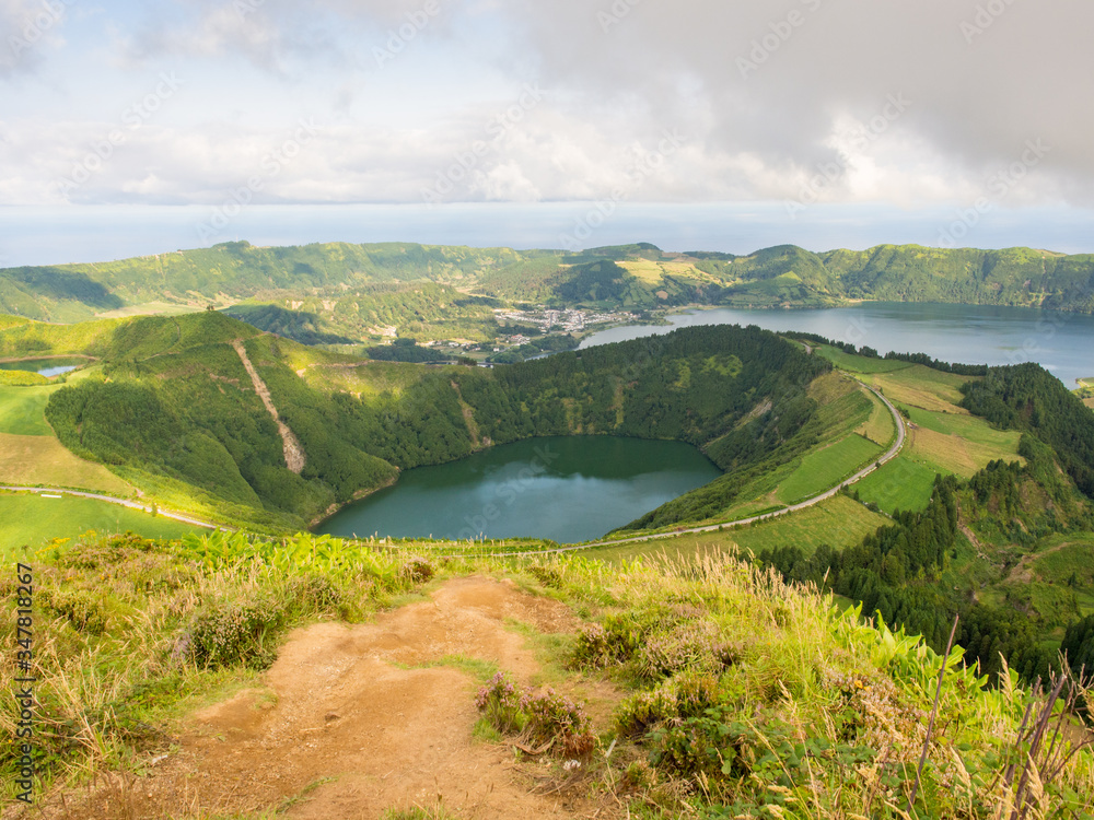 Obraz premium View of Sete Cidades from Miradouro da Grota do Inferno viewpoint, Sao Miguel Island, Azores, Portugal