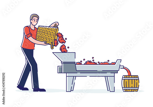 Wine Production Concept. Smiling Male Character Works On Wine Plant. Character Empties Harvested Grapes From Wicker Basket To Crushing Machine. Cartoon Linear Outline Flat Style Vector Illustration