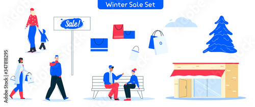 Vector character illustration of shopping on winter sale