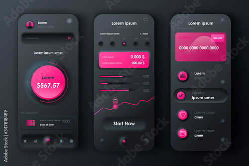 Finance services unique neomorphic design kit for mobile app neomorphism style. Online banking screen with charts. Financial management UI, UX template set. GUI for responsive mobile application.