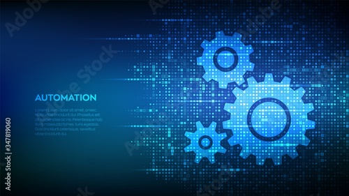 Automation Software background. Gears icons made with binary code. IOT and Automation concept. Digital binary data and streaming digital code. Matrix background with digits 1.0. Vector Illustration.