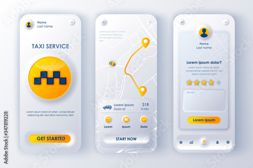 Taxi service unique neomorphic design kit for mobile app neomorphism style. Online taxi booking screens with route. Transportation service UI, UX template set. GUI for responsive mobile application.