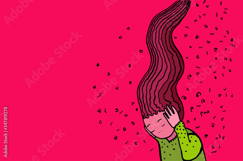 girl is holding her head, in a cloud of thoughts and anxiety. Mental health, the concept