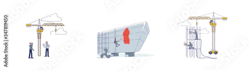 Concept Of Shipyard. People Do Shipbuilding. Team Of Workers Repair Big Vessel. Low Poly Ship Construction in Dry Dock. Engineer Controls Process. Cartoon Linear Outline Flat Vector Illustrations Set