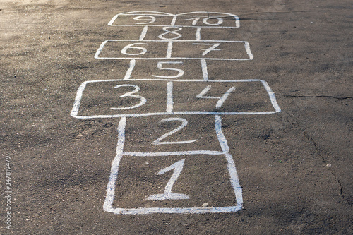 hopscotch game on the pavement, a drawing of the hopscotch game photo